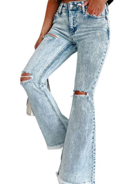 Sky Blue Distressed Acid Wash Flare Jeans