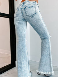 Sky Blue Distressed Acid Wash Flare Jeans