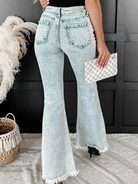 Sky Blue Distressed Acid Wash Flare Jeans