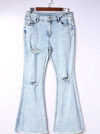 Sky Blue Distressed Acid Wash Flare Jeans