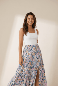 
Women's Sky Blue Floral Bohemian Tiered Maxi Skirt with Split
