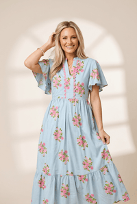 Women's Sky Blue Floral Cotton-Viscose Maxi Dress with Flutter Sleeves