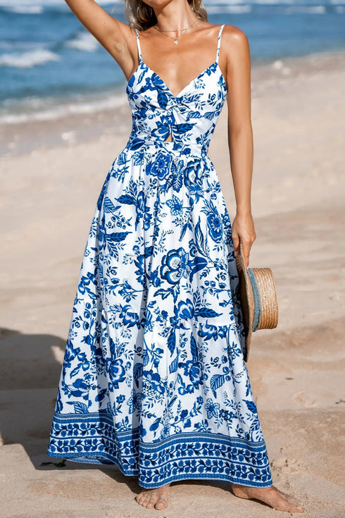 Sky Blue Floral Maxi Dress for Women - Backless Summer Evening Wear with Twisted Bust & Spaghetti Straps