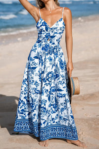 Sky Blue Floral Maxi Dress for Women - Backless Summer Evening Wear with Twisted Bust & Spaghetti Straps