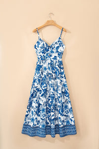 Sky Blue Twisted Bust Spaghetti Straps Backless Floral Maxi Dress