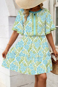 Sky Blue Floral Mini Dress for Women - High Waist, Ruffle Sleeves, Ideal for Summer Parties and Casual Outings