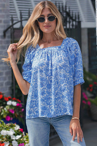 Sky Blue Floral Pleated Blouse for Women - Square Neck, Short Puff Sleeves, Ideal for Spring and Summer Fashion