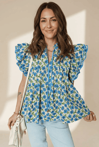Women's Sky Blue Floral Pleated Blouse with Flutter Sleeves