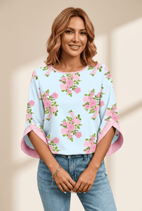 Women's Sky Blue Floral Print 3/4 Sleeve Blouse with Button Cuffs