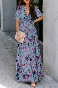 Women's Sky Blue Floral Print Maxi Dress for Women - Frilled V-Neck, Short Sleeves, Ideal for Summer Events and Casual Outings