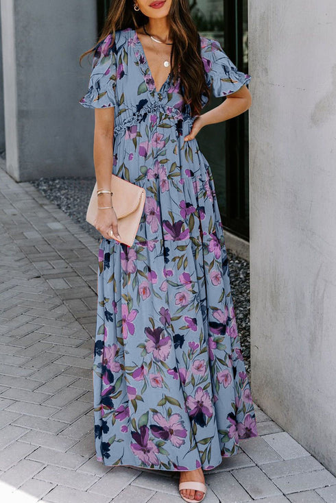 Women's Sky Blue Floral Print Maxi Dress for Women - Frilled V-Neck, Short Sleeves, Ideal for Summer Events and Casual Outings