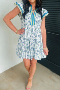 Sky Blue Floral Print Mini Dress for Women with Contrast Trim and Flutter Sleeves - Perfect for Summer Events