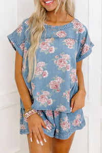 women's sky blue floral retro women's short sleeve top with cuffed sleeves and loose fit denim shorts 2-piece outfit set with practical styling and