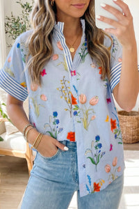 Sky Blue Floral Ruffled Collar Short Sleeve Women’s Shirt – Chic Patchwork Design & Comfortable Fit for Everyday Wear