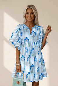 Women's Sky Blue Floral Stripe Empire Mini Dress with Puff Sleeves