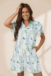 Women's Sky Blue Floral Tiered Mini Dress with Flutter Sleeves