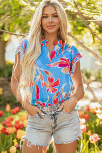 Women's Sky Blue Floral V-Neck Blouse with Pom-Pom Flutter Sleeves