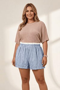 Women's Sky Blue Gingham Cotton Shorts with Contrast Trim