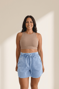 
Women's Sky Blue Mineral Wash Cotton Drawstring Shorts