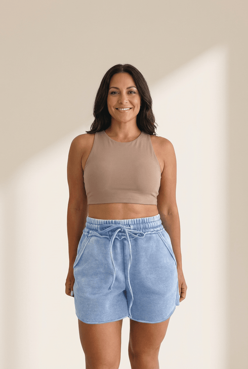 Women's Sky Blue Mineral Wash Cotton Drawstring Shorts