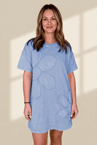 Women's Sky Blue Mineral Wash Cotton Flower Patchwork T-Shirt Dress