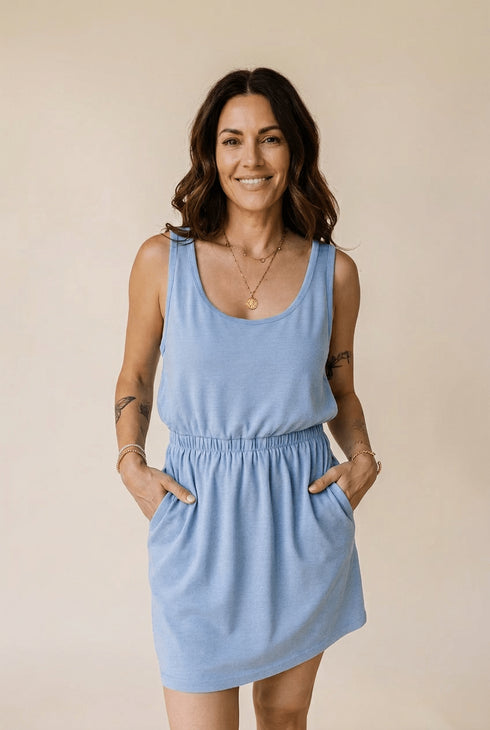 Women's Sky Blue Mineral Wash Cotton Tank Dress with Pockets