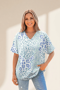 Women's Sky Blue Mixed Leopard Print V-Neck Short Sleeve Blouse