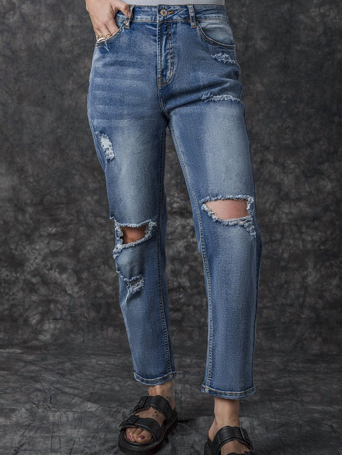 Ripped Cutout Fringe Hem Casual Jeans