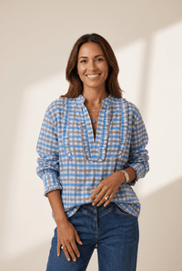 Women's Sky Blue Plaid Frill Blouse with Half-Button Placket