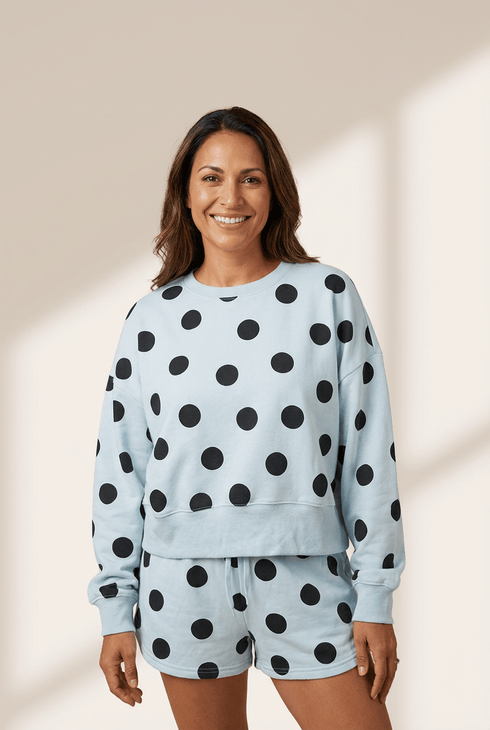Sky Blue Polka Dot Lounge Set: Drop Shoulder Pullover & Shorts