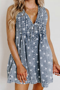 Sky Blue Polka Dot Tie V-Neck Denim Romper for Women - Loose Fit, Chic Summer Style, Effortlessly Comfortable