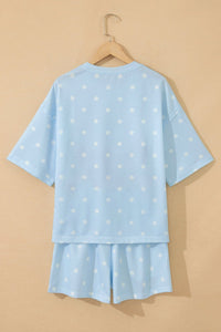 Sky Blue Exposed Seam Detail Polka Dot Loose Tee Drawstring Shorts Set