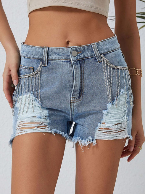 Sparkling Sky Blue Rhinestone Tassel Denim Shorts