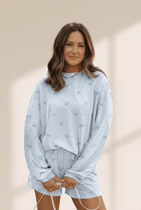 Women's Sky Blue Ribbed Bow Print Lounge Set with Long Sleeve Top