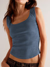 Sky Blue Scoop Neck Ribbed Tank Top with Exposed Seams