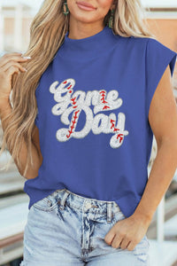 Sky Blue Sequin High Neck Short Sleeve Tee for Women - Trendy Game Day Top with Chic Slogan and Comfortable Fit