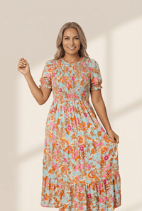 Women's Sky Blue Smocked Floral Midi Dress with Bubble Sleeves