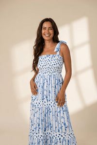 Women's Sky Blue Smocked Floral Tiered Maxi Dress