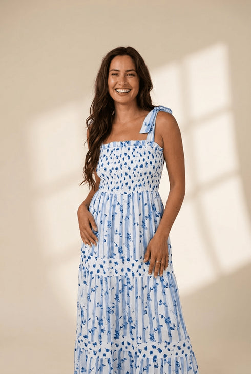 Women's Sky Blue Smocked Floral Tiered Maxi Dress