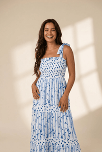 Women's Sky Blue Smocked Floral Tiered Maxi Dress