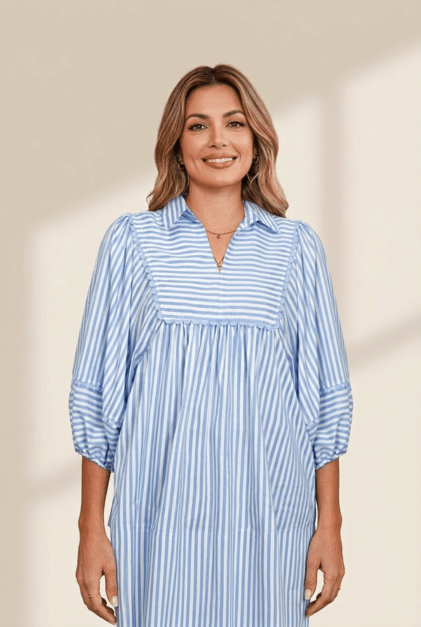 Women's Sky Blue Stripe Scalloped V-Neck Blouse with 3/4 Sleeves