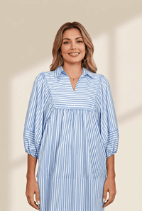 Women's Sky Blue Stripe Scalloped V-Neck Blouse with 3/4 Sleeves