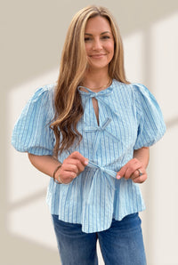 Women's Sky Blue Striped Babydoll Blouse with Puff Sleeves