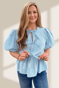 Women's Sky Blue Striped Babydoll Blouse with Puff Sleeves