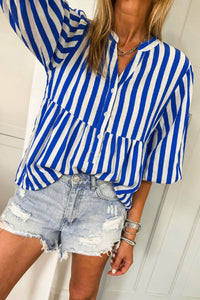 
Women's Sky Blue Striped Balloon Sleeve Button-Up Blouse