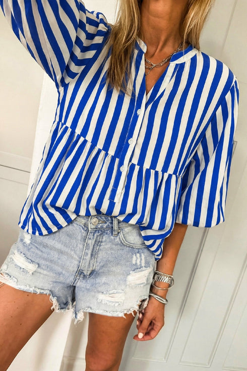 Women's Sky Blue Striped Balloon Sleeve Button-Up Blouse