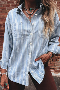 Women's Sky Blue Striped Boyfriend Denim Shacket with Chest Pockets