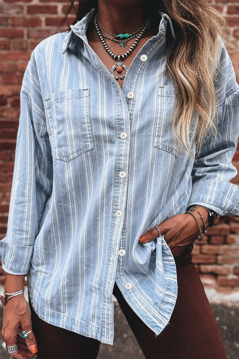 Women's Sky Blue Striped Boyfriend Denim Shacket with Chest Pockets