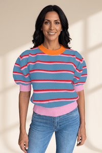 Women's Sky Blue Striped Colorblock Puff Sleeve Knit Sweater
