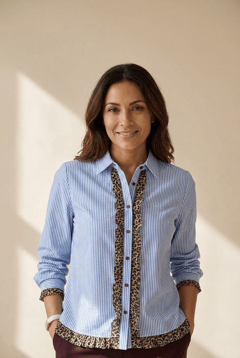 Women's Sky Blue Striped Cotton Blouse with Leopard Frill Trim